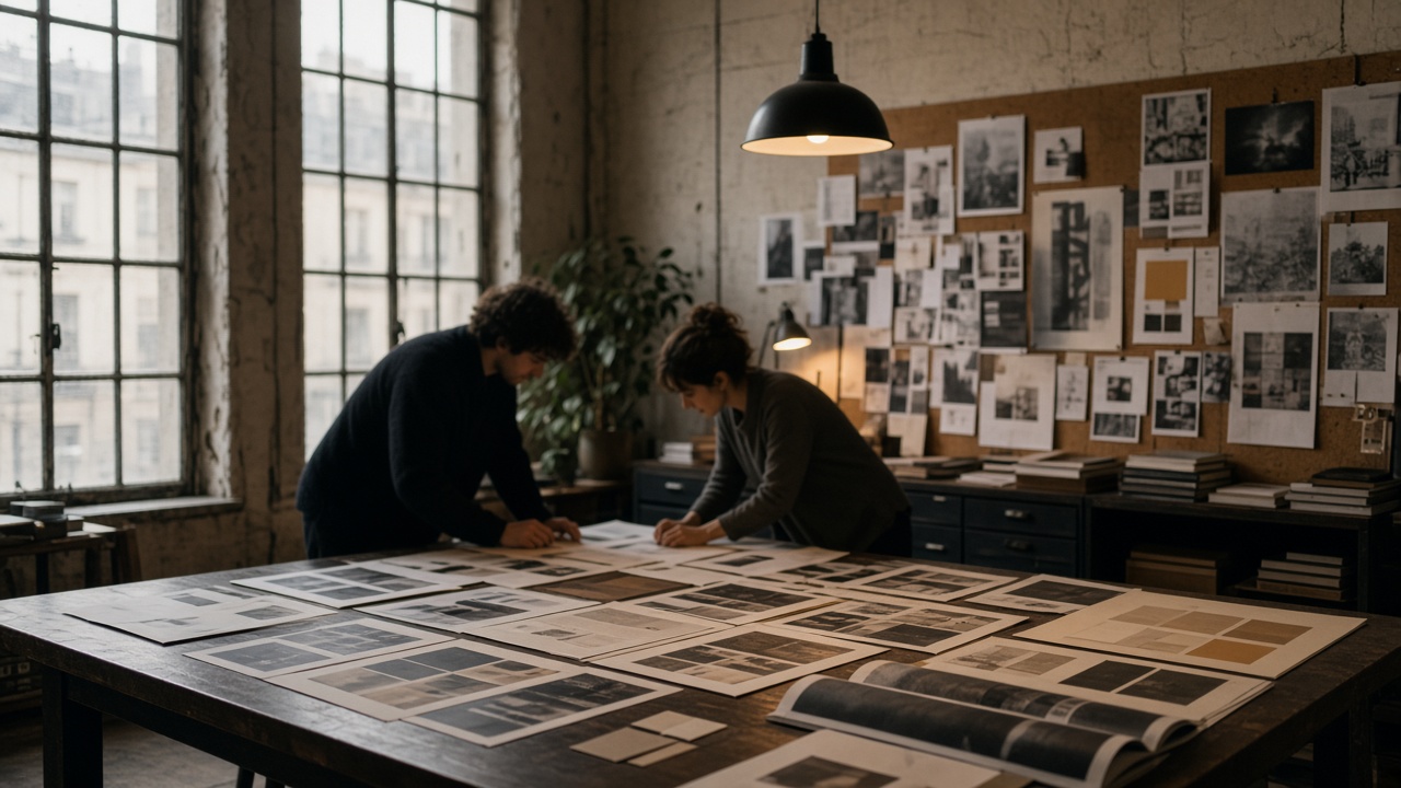 Grande table d’atelier couverte de mises en pages