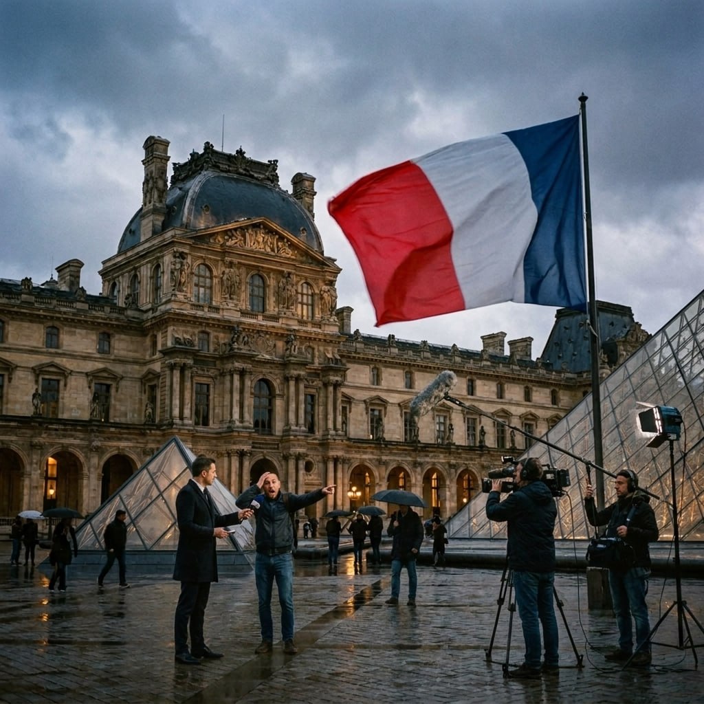 Parvis d’un lieu culturel un jour d’ouverture, ciel bas