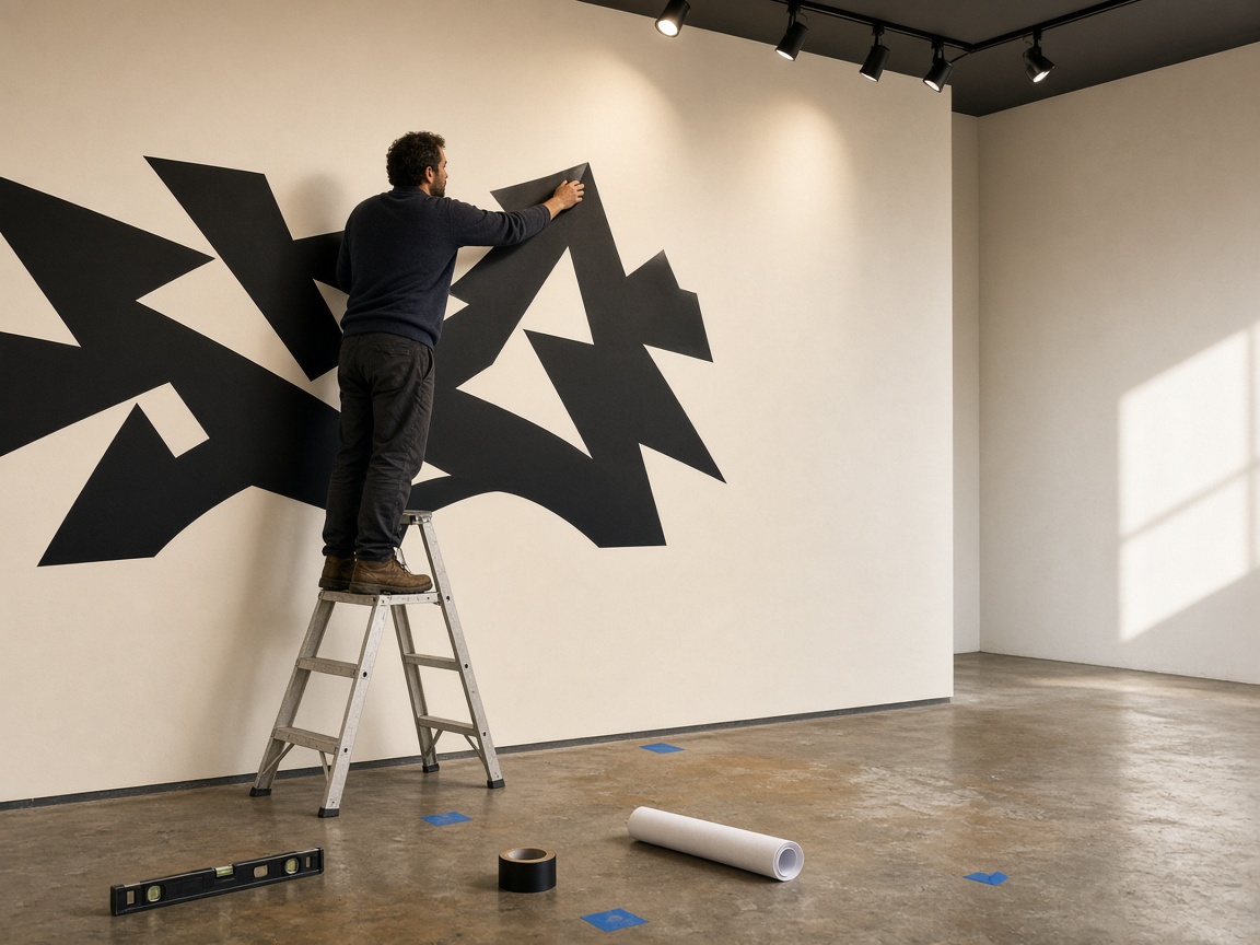 Pose de lettrage mural pendant le montage d’une exposition